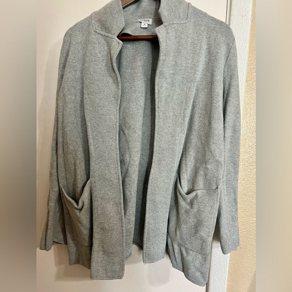 J.Crew Gray Sweater Blazer Cardigan SzM Open Front Cotton Workwear Chic Classic